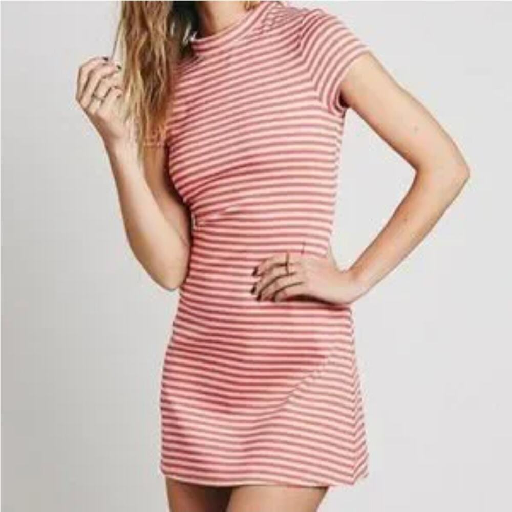 Free People Beach On The Line Mock Neck Pink Gray Striped Mini Dress XS